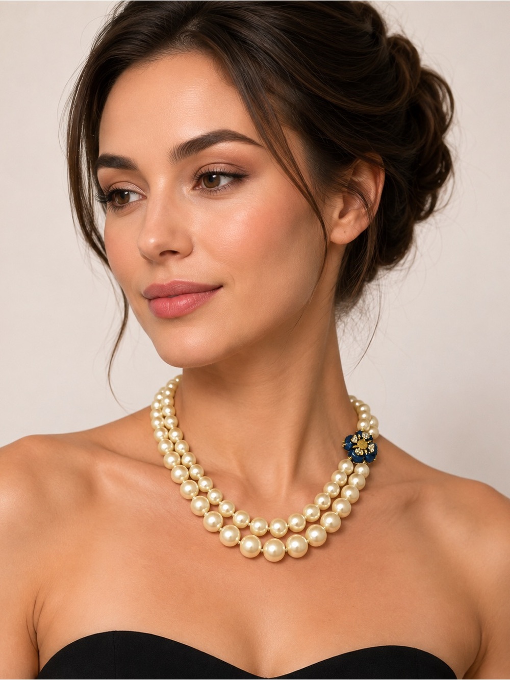 Liz Claiborne Cream Pearl Double Strand Necklace with Gold Floral Clasp